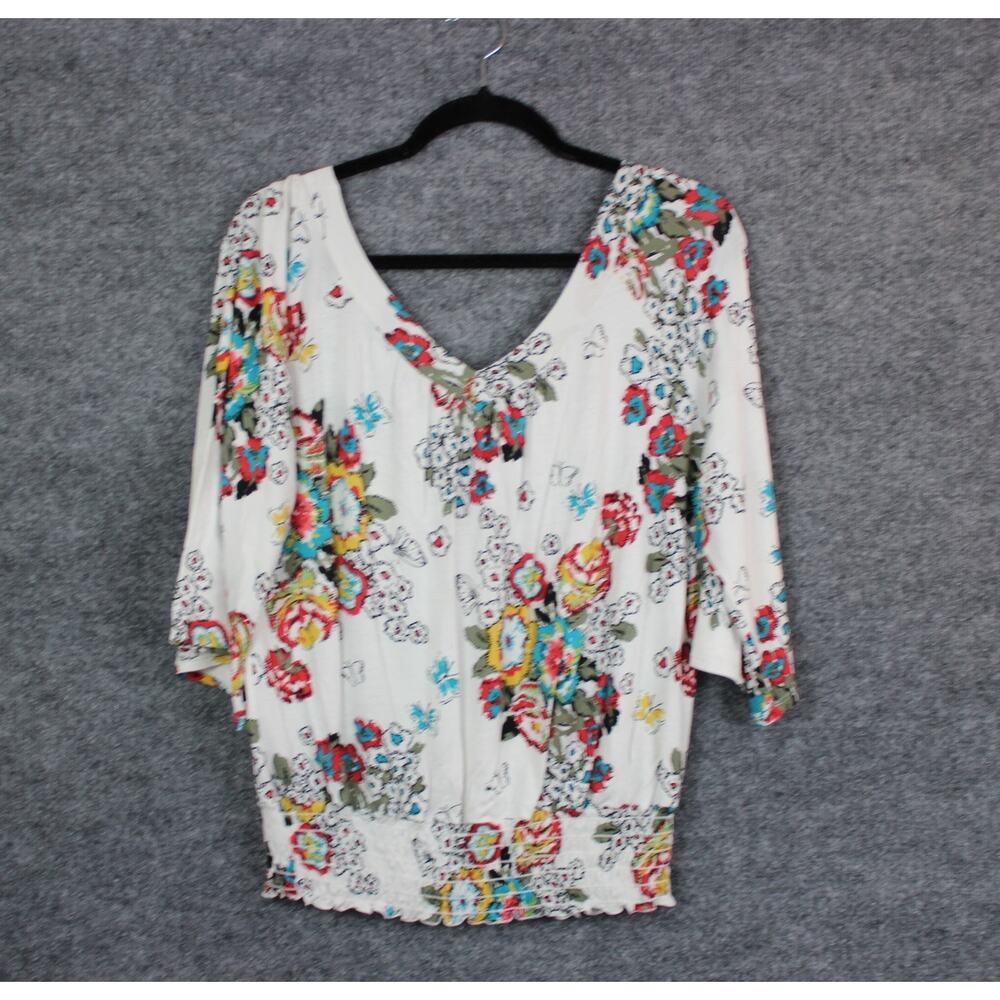 American Rag Cie blouse Size M White W Floral Print Synched Waist - Picture 9 of 9